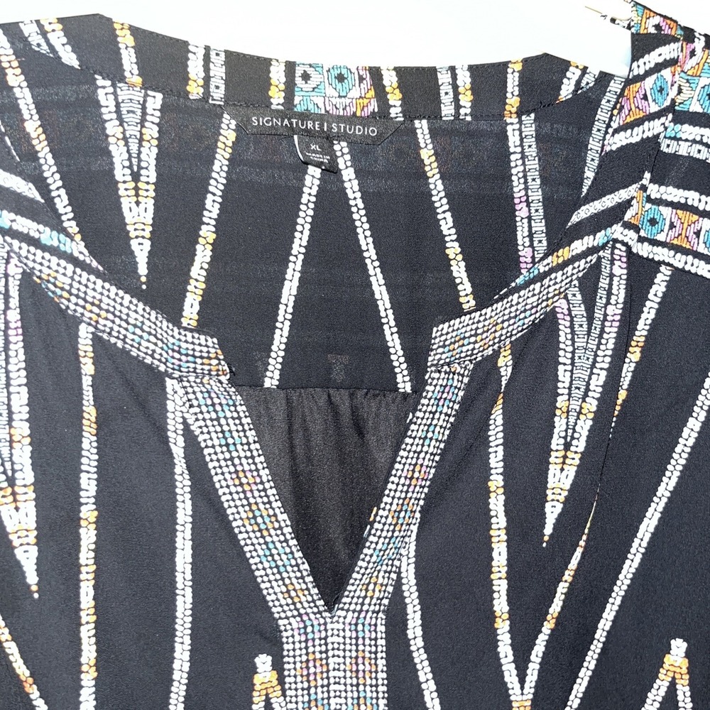 Signature Studio Geometric Tribal Print V-Neck Dress Black XL Boho Tassel Tie - Picture 4 of 10